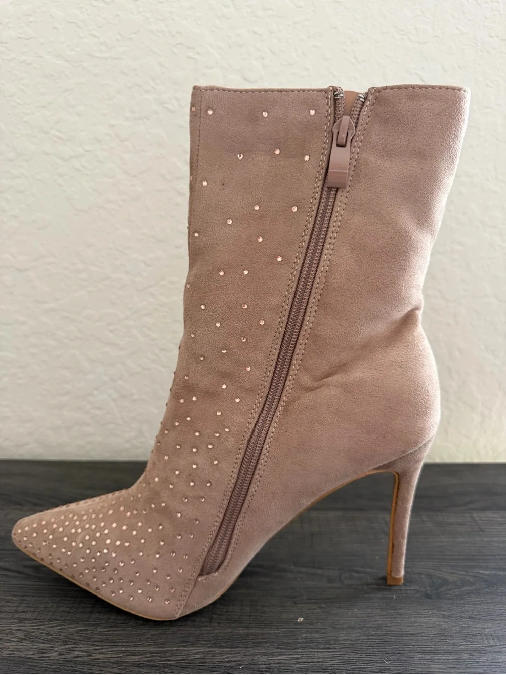 Taupe Rhinestone Pointed Toe Ankle Boots Size 10